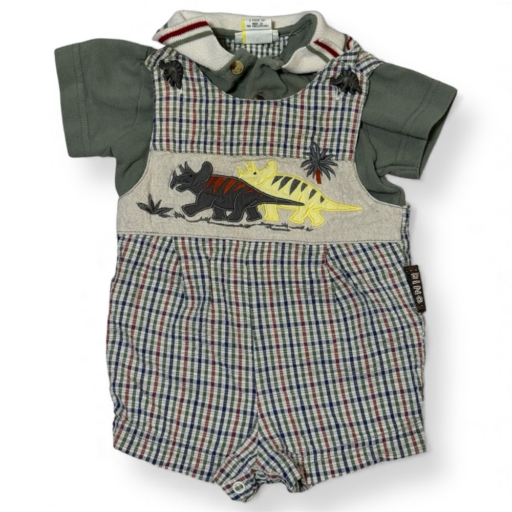 Vintage BabyTogs Dinosaur Plaid Shortall Set 3-6m